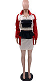 Red Casual Multicolor Spliced Long Sleeve Zipper Tops Mini Skirts Suit SXS6076-2