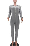 Grey Wholesale Kintting Long Sleeve Zipper Slim Fitting Plain Hooded Jumpsuits TK6207-4