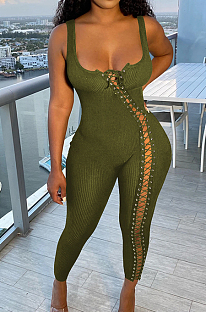 Army Green Casual Ribbed Bandage Tight Solid Hollow Out Sexy Jumpsuit Rompers CYF5245-3