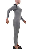 Grey Wholesale Kintting Long Sleeve Zipper Slim Fitting Plain Hooded Jumpsuits TK6207-4