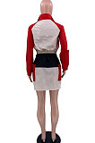 Rose Red Casual Multicolor Spliced Long Sleeve Zipper Tops Mini Skirts Suit SXS6076-1