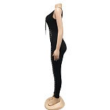 Black Casual Ribbed Bandage Tight Solid Hollow Out Sexy Jumpsuit Rompers CYF5245-1