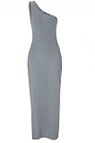Pink Euramerican Split Casual Pure Color Off Shoulder Mid Waist Long Dress JXD1059876-4