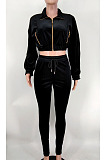Black Casual Velvet Long Sleeve Zipper Tops Trousers Sport Plain Suit X9333-1
