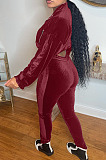 Wine Red Casual Velvet Long Sleeve Zipper Tops Trousers Sport Plain Suit X9333-2