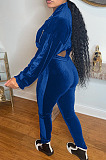 Blue Casual Velvet Long Sleeve Zipper Tops Trousers Sport Plain Suit X9333-3