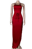 Red Sexy Euramerican Condole Belt Bandage Backless Split Long Dress K2003-2