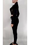 Black Casual Velvet Long Sleeve Zipper Tops Trousers Sport Plain Suit X9333-1