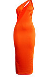 Orange Sexy Bodycon Ribber Hip HollowOut Solid Color Long Dress KF120-3