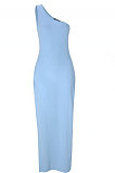 Sky Blue Euramerican Split Casual Pure Color Off Shoulder Mid Waist Long Dress JXD1059876-3
