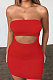 Red Autumn Winter Women's Hollow Out Hip Strapless Off Shoulder Sleeveless Bodycon Mini Dress JSL542-2
