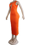 Orange Sexy Bodycon Ribber Hip HollowOut Solid Color Long Dress KF120-3