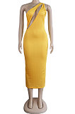 Yellow Sexy Bodycon Ribber Hip HollowOut Solid Color Long Dress KF120-2