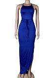 Blue Sexy Euramerican Condole Belt Bandage Backless Split Long Dress K2003-4