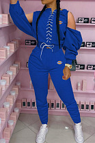 Blue Wholesale Women's Spliced Bandage Tops Pencil Pants Casual Plain Suit YM234-4