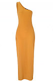 Orange Euramerican Split Casual Pure Color Off Shoulder Mid Waist Long Dress JXD1059876-1