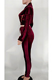 Wine Red Casual Velvet Long Sleeve Zipper Tops Trousers Sport Plain Suit X9333-2