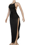 Black Sexy Euramerican Condole Belt Bandage Backless Split Long Dress K2003-3