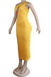 Yellow Sexy Bodycon Ribber Hip HollowOut Solid Color Long Dress KF120-2