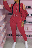 SUPER WHOLESALE|Rose Red Wholesale Women's Spliced Bandage Tops Pencil Pants Casual Plain Suit YM234-1