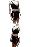 Black Sexy Night Club Pure Color Strapless Bandage Hollow Out Hip Skirts Suit WP6052-3