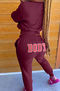 Wine Red Autumn Winter New Printed Long Sleeve Hoodie Jogger Pants Plain Suit WA77309-5