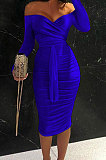 Euramerican Pure Color Irregular Short Sleeve Off Shoulder Split Long Dress QBE4052-4
