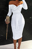 White Euramerican Pure Color Irregular Off Shoulder Ruffle Midi Dress QBE4052-1