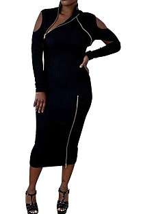 Black Autumn Winter Fashion Ribber Solid Color Long Sleeve Zipper Hole Midi Dress QHH8673-2