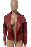 Wine Red Winter Euramerican Side Zipper PU Leather Turn-Down Collar Bodycon Jacket LD82466-1