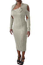 Gray Autumn Winter Fashion Ribber Solid Color Long Sleeve Zipper Hole Midi Dress QHH8673-1