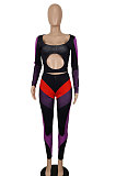 Red Purple Euramerican Women's Sexy Fashion Crop Low Bosom Color Matching Bodycon Jumpsuits SH7292-1