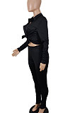 Black Sexy Trendy Pocket Shirts Pure Color Pants Sets SH8101-1