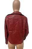 Wine Red Winter Euramerican Side Zipper PU Leather Turn-Down Collar Bodycon Jacket LD82466-1