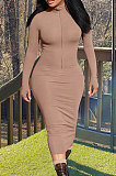 Black Women's High Collar Ribber Pure Color Bodycon Zipper Midi Dress SMY81127-2