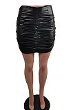 Coffee Women's Sexy PU Leather High Waist Shirred Detail Bodycon Skirts AWL5902-2