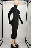 Black Women's High Collar Ribber Pure Color Bodycon Zipper Midi Dress SMY81127-2