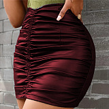 Wine Red Women's Sexy PU Leather High Waist Shirred Detail Bodycon Skirts AWL5902-3