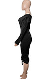 Black Euramerican Women's Autumn Winter V Collar Velvet Shirred Detail Sexy Midi Dress Q999-5