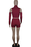 Wine Red Off Shoulder Hollow Out Sexy Eyelet Bandage Shorts Sets YY5322