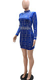 Blue Trendy Sexy Collect Waist Velvet Bling Bling Hip Skinny Mini Dress CCY9428-1