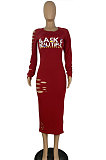 Wine Red Women's Pure Color Hollow Out Printing Bodycon Midi Dress TL6623-1