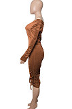 Brown Euramerican Women's Autumn Winter V Collar Velvet Shirred Detail Sexy Midi Dress Q999-4