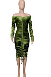 Green Euramerican Women's Autumn Winter V Collar Velvet Shirred Detail Sexy Midi Dress Q999-3