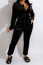 Black Fashion Casual Joker V Collar Bandage Velvet Zipper Hoodie Winter Casual Jumpsuits CCY9411-3
