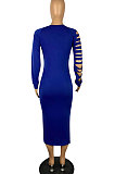 Blue Women's Pure Color Hollow Out Printing Bodycon Midi Dress TL6623-2