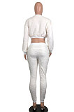 White Double Velvet Thick Long Sleeve Solid Color Sport Pants Sets YY5329