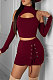 Wine Red Off Shoulder Hollow Out Sexy Eyelet Bandage Shorts Sets YY5322