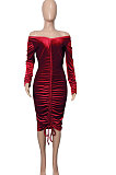 Wine Red Euramerican Women's Autumn Winter V Collar Velvet Shirred Detail Sexy Midi Dress Q999-2