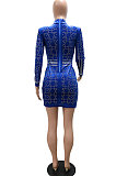 Blue Trendy Sexy Collect Waist Velvet Bling Bling Hip Skinny Mini Dress CCY9428-1